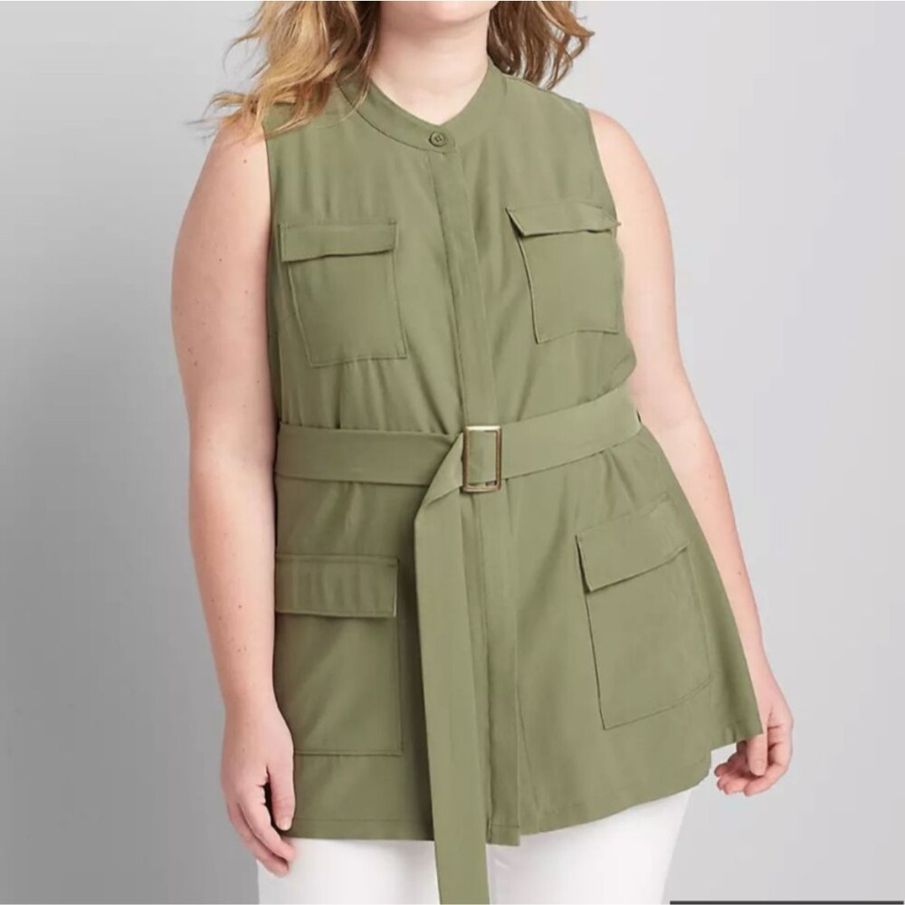 NWT Lane Bryant Belted Utility Vest Military Khaki Green Sleeveless Plus 22 24